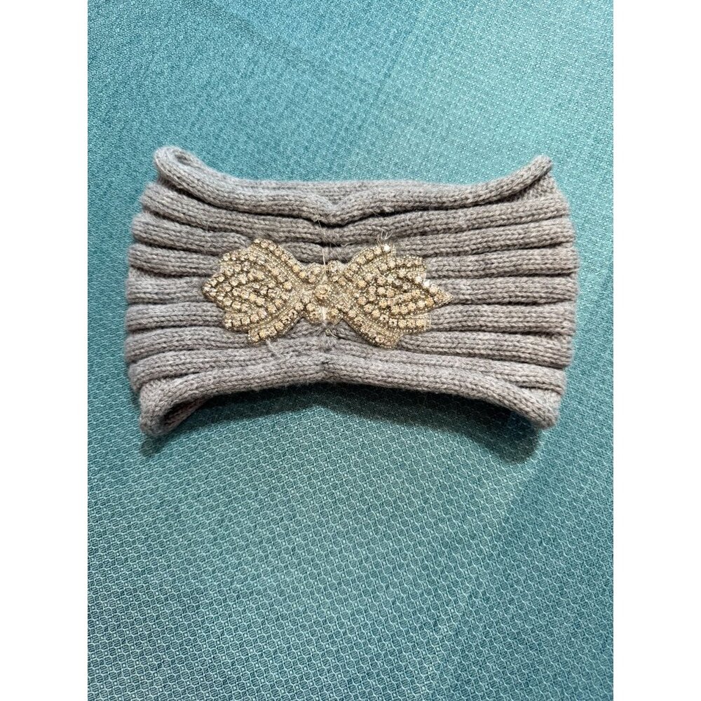 Grey Heather Knit Headband With Rhinestone Embellishment